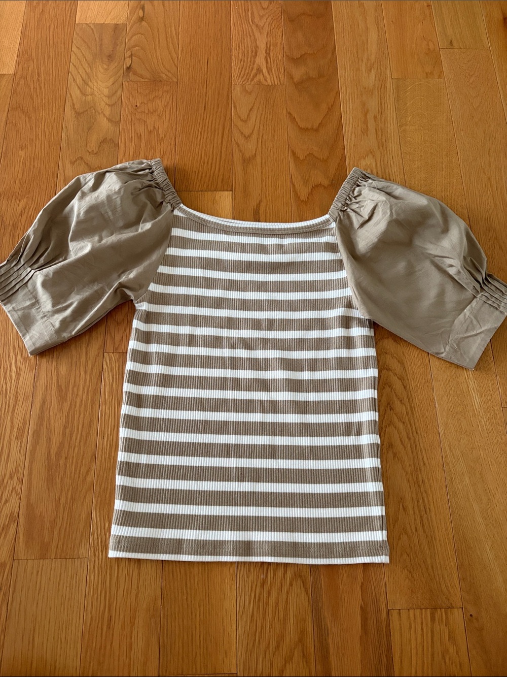 J. Crew Beige and White Striped Puff-Sleeve Knit Top